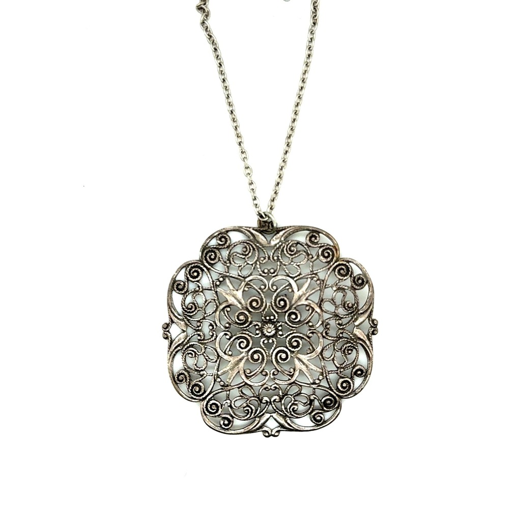 Vintage Silver Tone Filigree Mandala Pendant Necklace 15.5 Inch Chain Bohemian